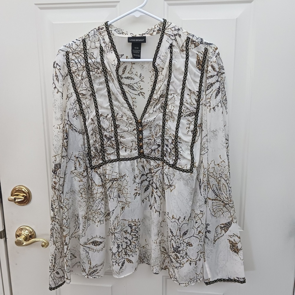 Lane Bryant Sheer Floral Empire Waist Blouse White Gold Trim Size 14/16